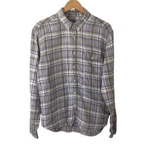 Lucky Brand Plaid Button Down Shirt Mens 100% Linen Large Multicolored Casual